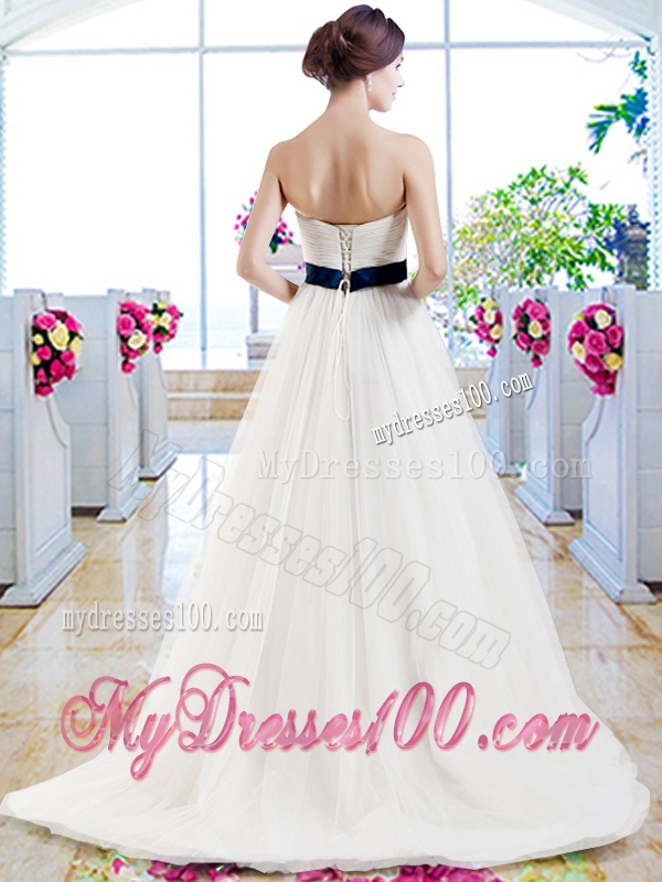 Modest Brush Train Wedding Dresses with Belt and Appliques