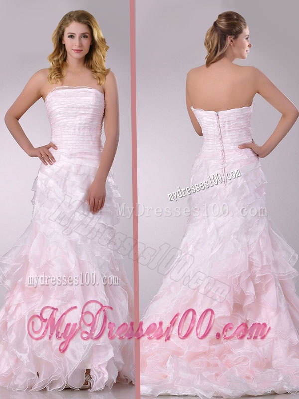 Most Popular Sweep Train Ruffled Light Pink Wedding Dress in Organza
