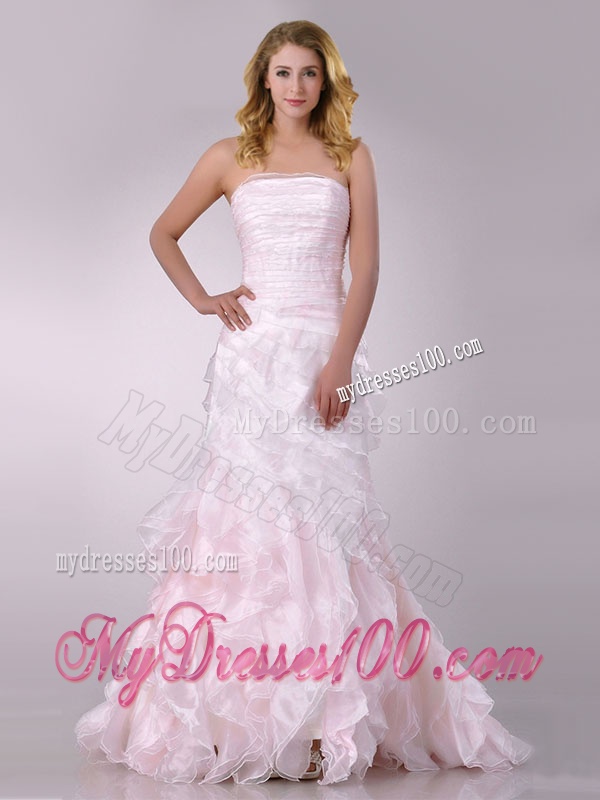 Most Popular Sweep Train Ruffled Light Pink Wedding Dress in Organza