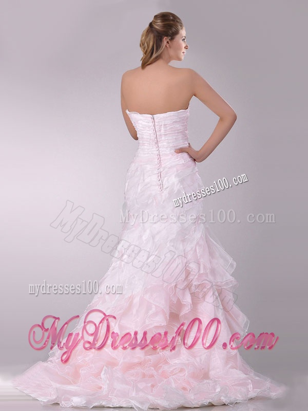 Most Popular Sweep Train Ruffled Light Pink Wedding Dress in Organza