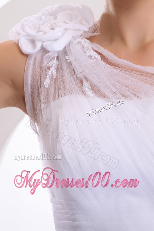 One Shoulder Appliques and Hand Made Flowers Tulle Wedding Dress
