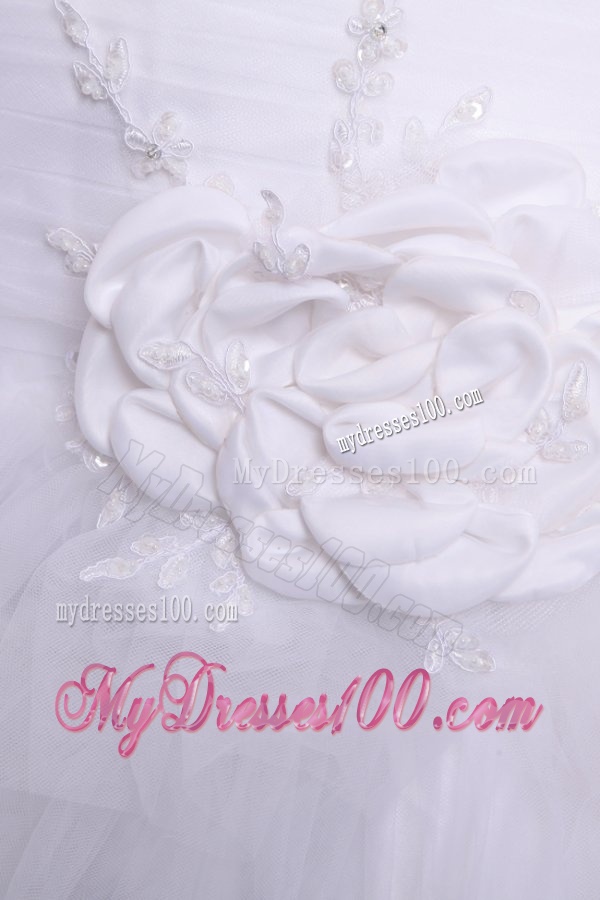 One Shoulder Appliques and Hand Made Flowers Tulle Wedding Dress