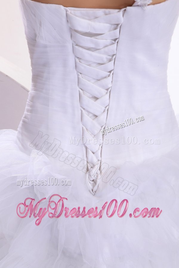 One Shoulder Appliques and Hand Made Flowers Tulle Wedding Dress
