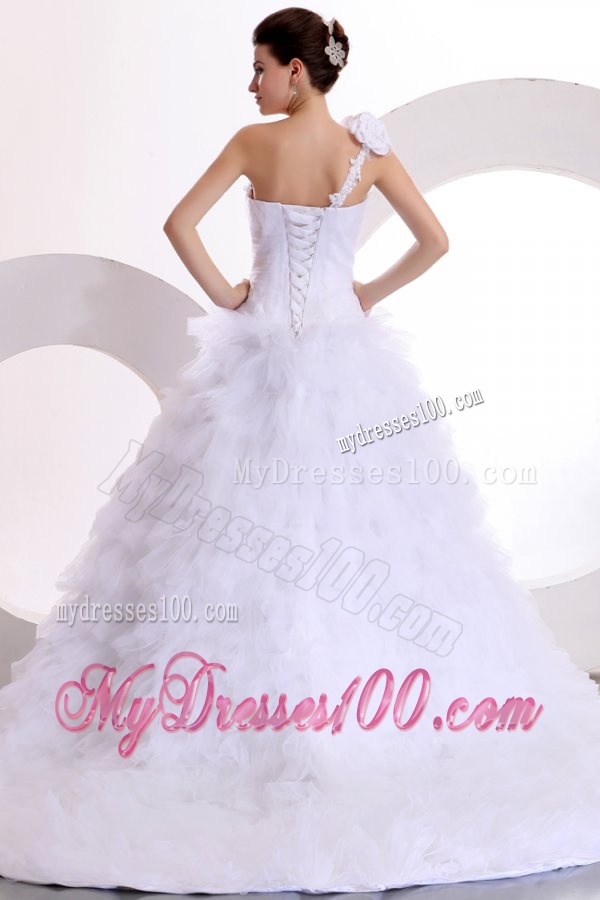 One Shoulder Appliques and Hand Made Flowers Tulle Wedding Dress