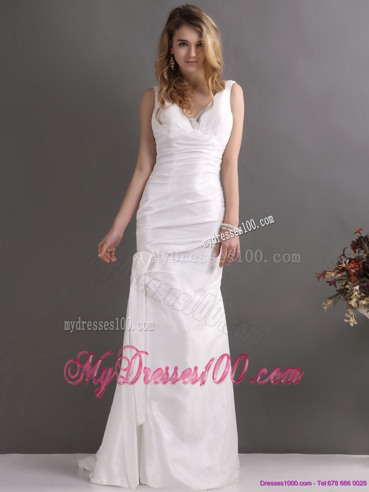 Perfect White V Neck Ruching Bridal Dresses with Brush Train