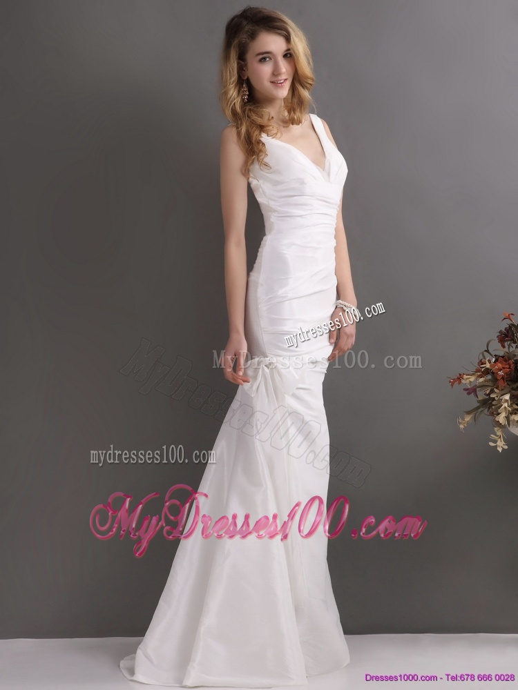 Perfect White V Neck Ruching Bridal Dresses with Brush Train