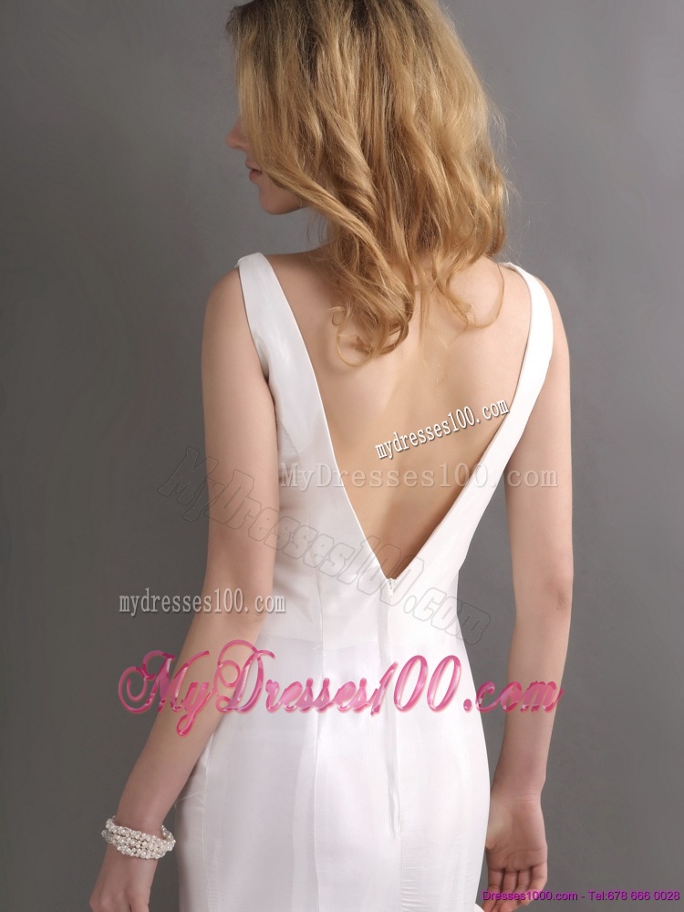 Perfect White V Neck Ruching Bridal Dresses with Brush Train