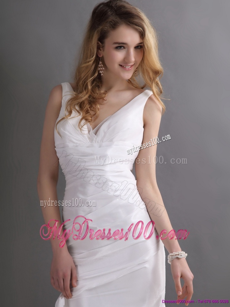 Perfect White V Neck Ruching Bridal Dresses with Brush Train
