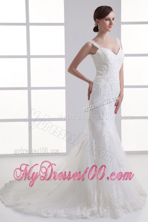 Popular Mermaid Straps Appliques Zipper Up Organza Wedding Dress with