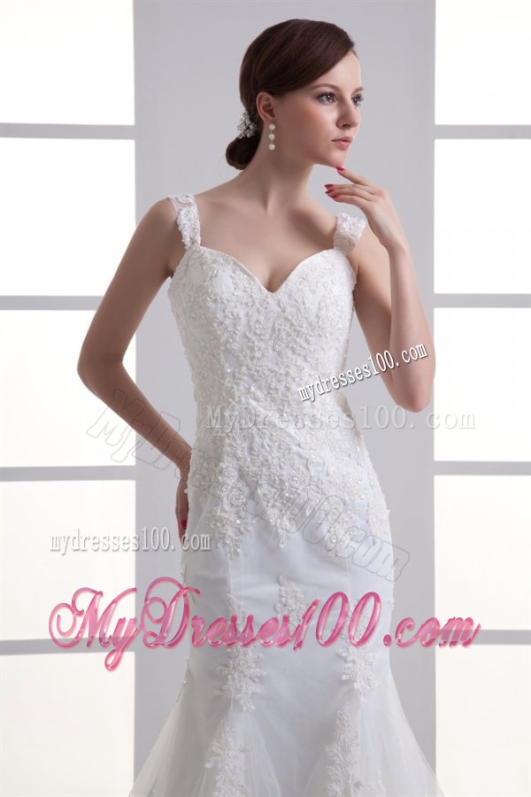 Popular Mermaid Straps Appliques Zipper Up Organza Wedding Dress with