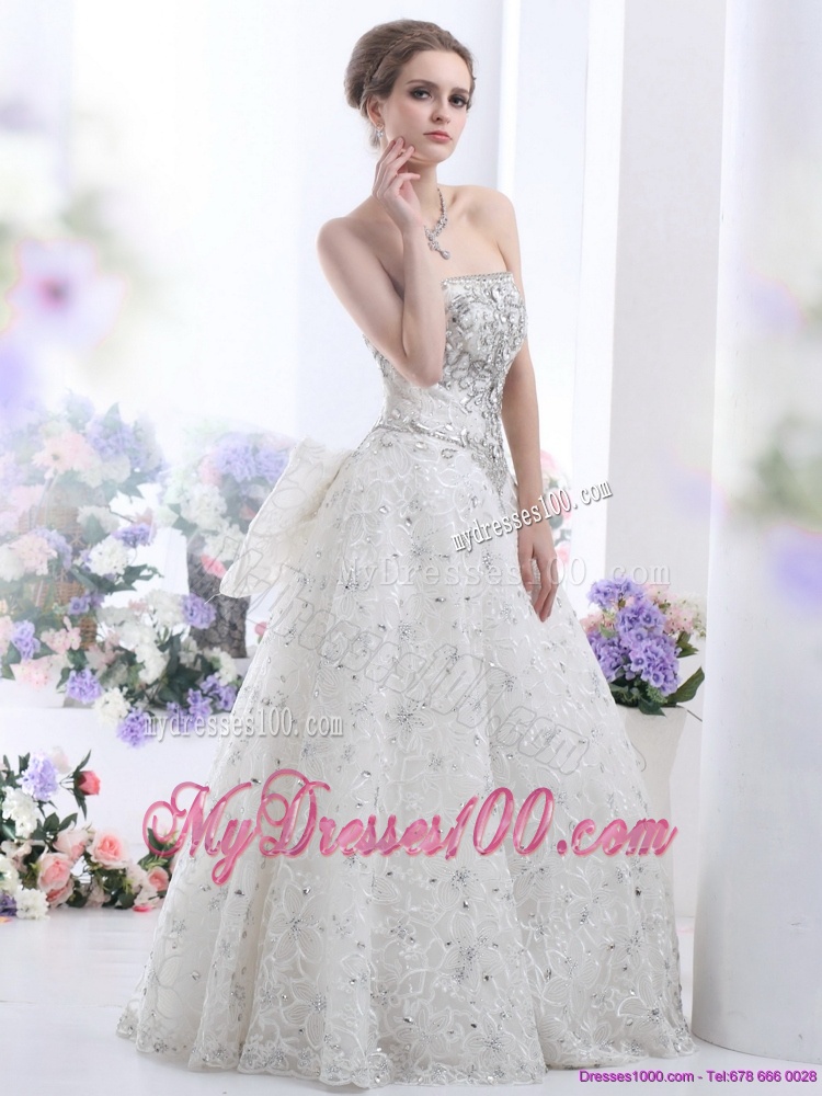 Pretty Strapless Bownot White Wedding Dresses with Rhinestones