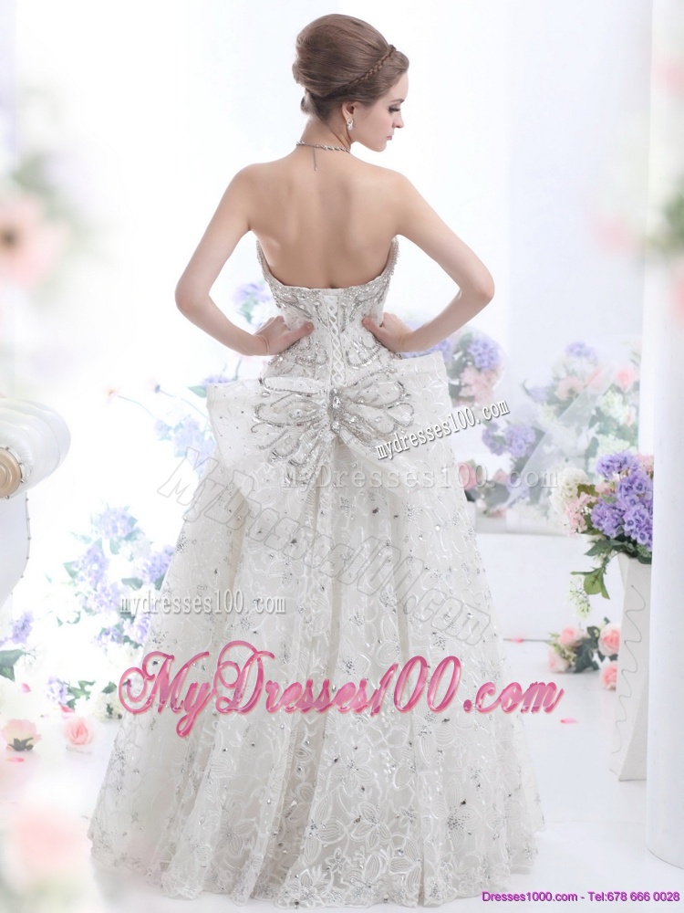 Pretty Strapless Bownot White Wedding Dresses with Rhinestones