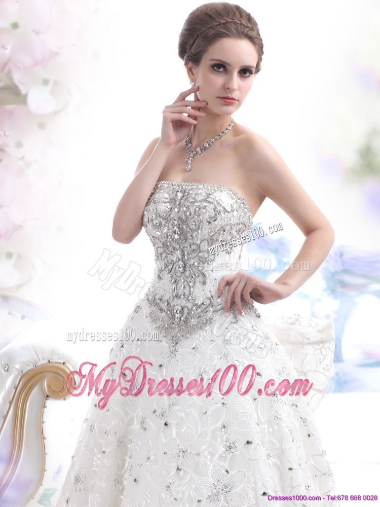 Pretty Strapless Bownot White Wedding Dresses with Rhinestones