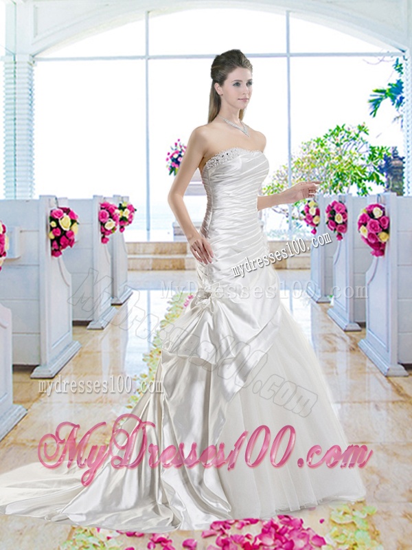 Romantic Mermaid One Shoulder Bridal Gowns with Court Train