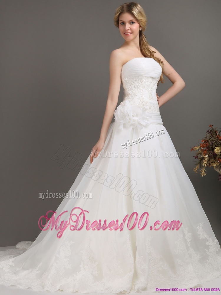 Ruched Beaded White Wedding Dresses with Brush Train and Hand Made Flower