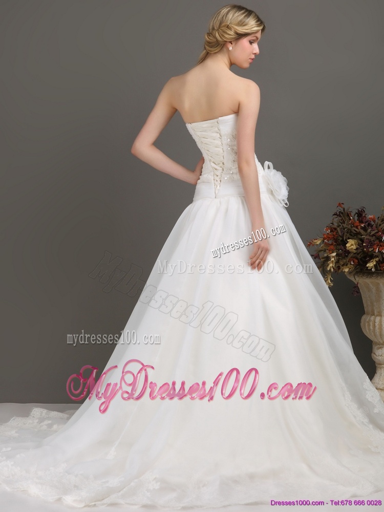 Ruched Beaded White Wedding Dresses with Brush Train and Hand Made Flower