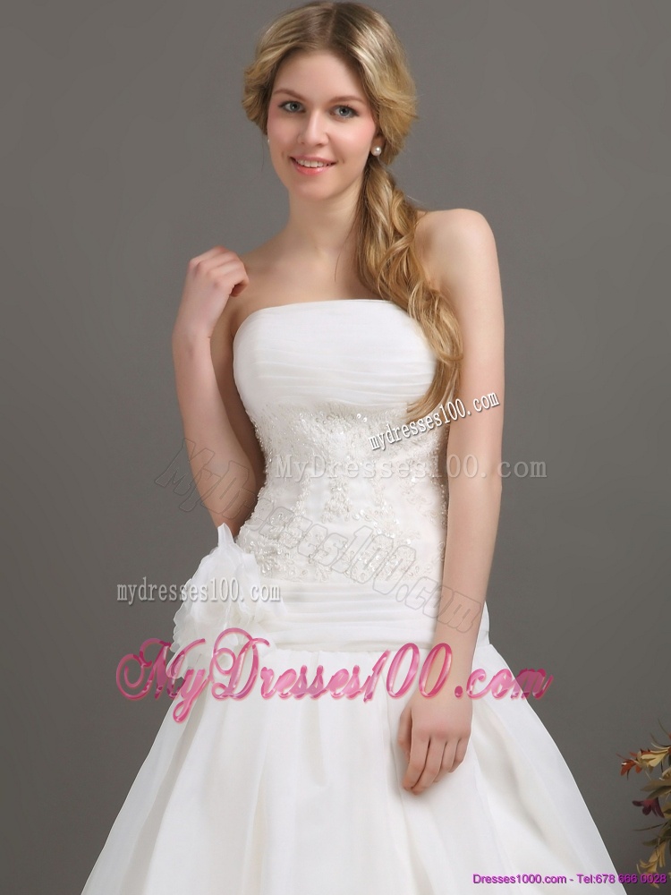 Ruched Beaded White Wedding Dresses with Brush Train and Hand Made Flower