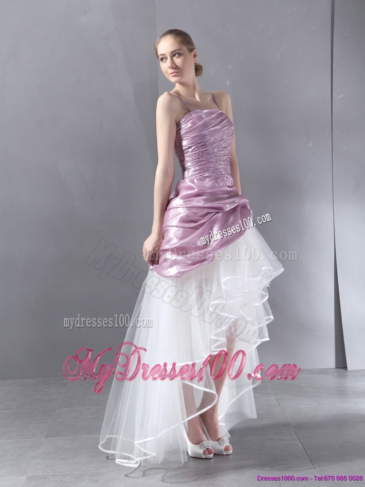 Ruched High Low Beaded Wedding Gowns in White and Lilac