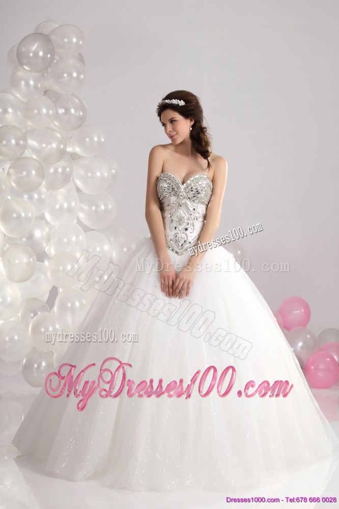 Ruffled White Sweetheart Wedding Dresses with Brush Train and Rhinestone