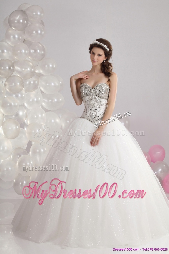 Ruffled White Sweetheart Wedding Dresses with Brush Train and Rhinestone