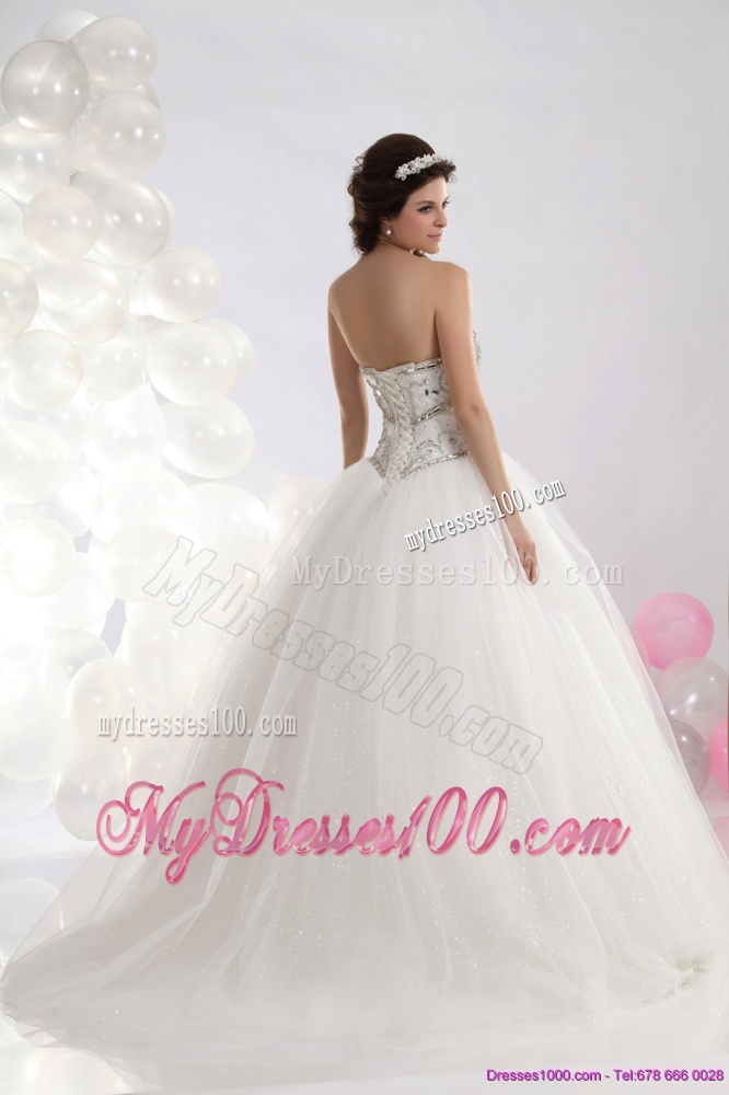 Ruffled White Sweetheart Wedding Dresses with Brush Train and Rhinestone