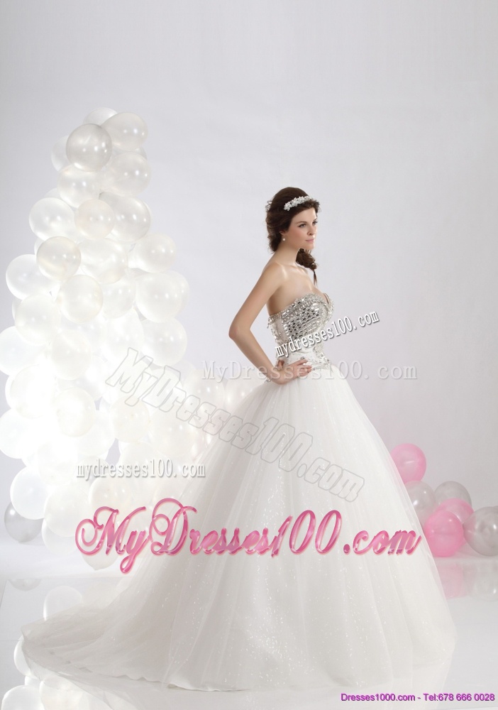 Ruffled White Sweetheart Wedding Dresses with Brush Train and Rhinestone