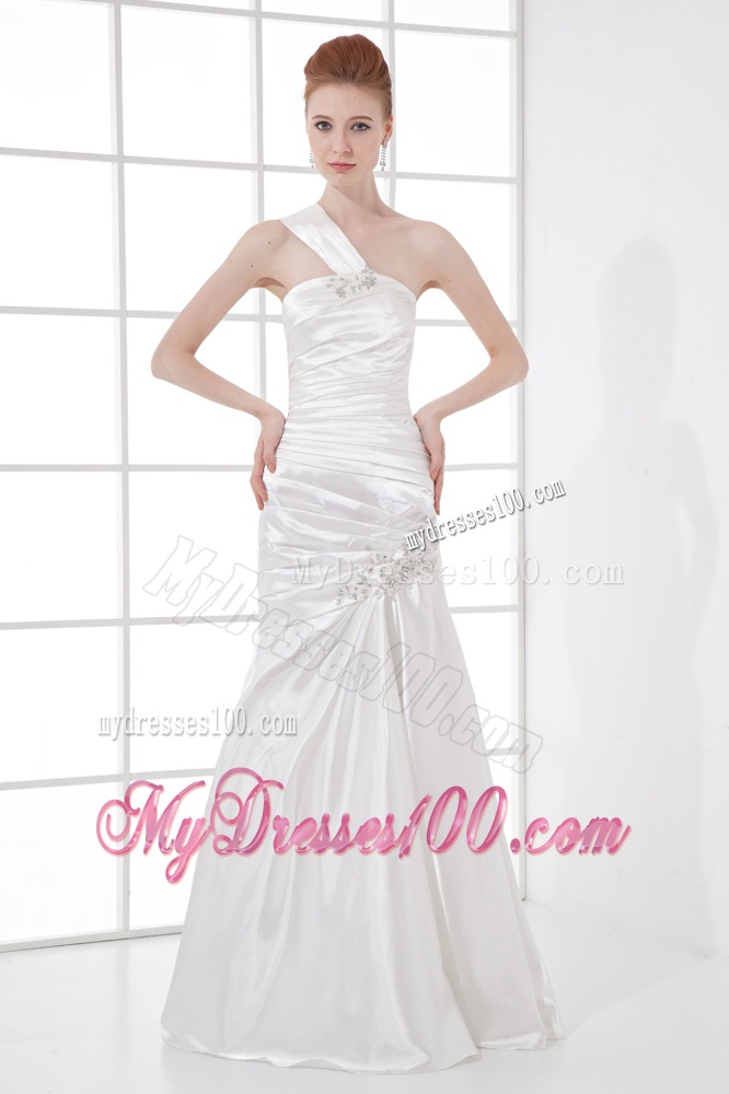 Simple Column One Shoulder Taffeta Ruching Beading White Wedding Dress