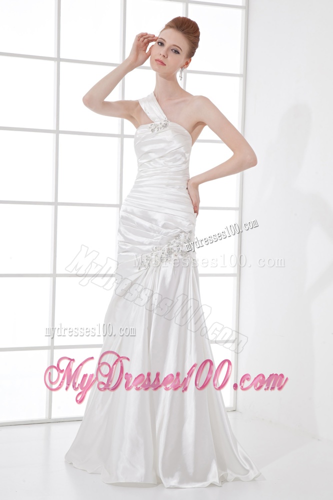 Simple Column One Shoulder Taffeta Ruching Beading White Wedding Dress