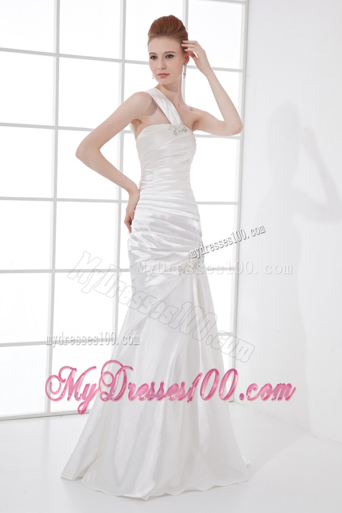 Simple Column One Shoulder Taffeta Ruching Beading White Wedding Dress