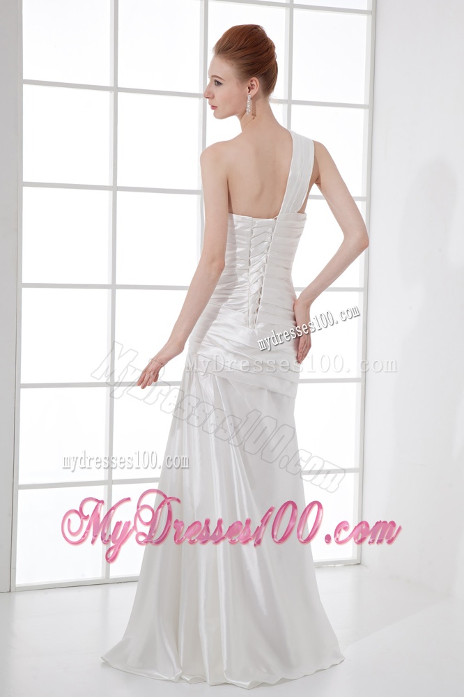 Simple Column One Shoulder Taffeta Ruching Beading White Wedding Dress