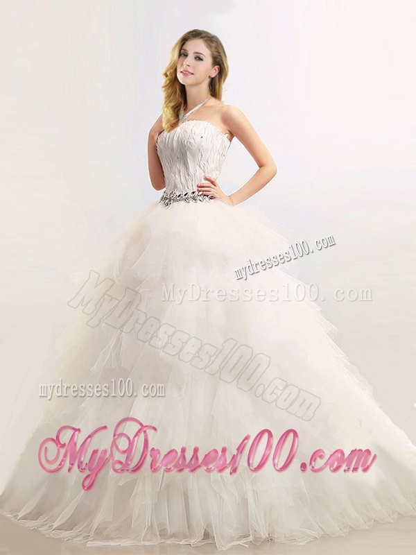 Sophisticated Strapless Feathered and Beaded Wedding Dresses in Tulle