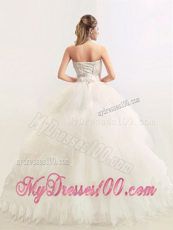 Sophisticated Strapless Feathered and Beaded Wedding Dresses in Tulle