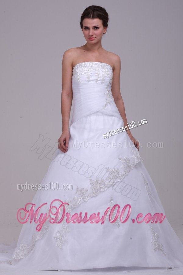 Strapless Court Train Organza Appliques Lace Up Wedding Dress