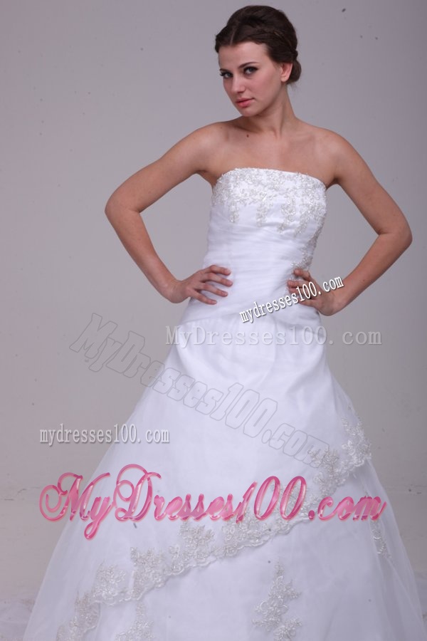 Strapless Court Train Organza Appliques Lace Up Wedding Dress