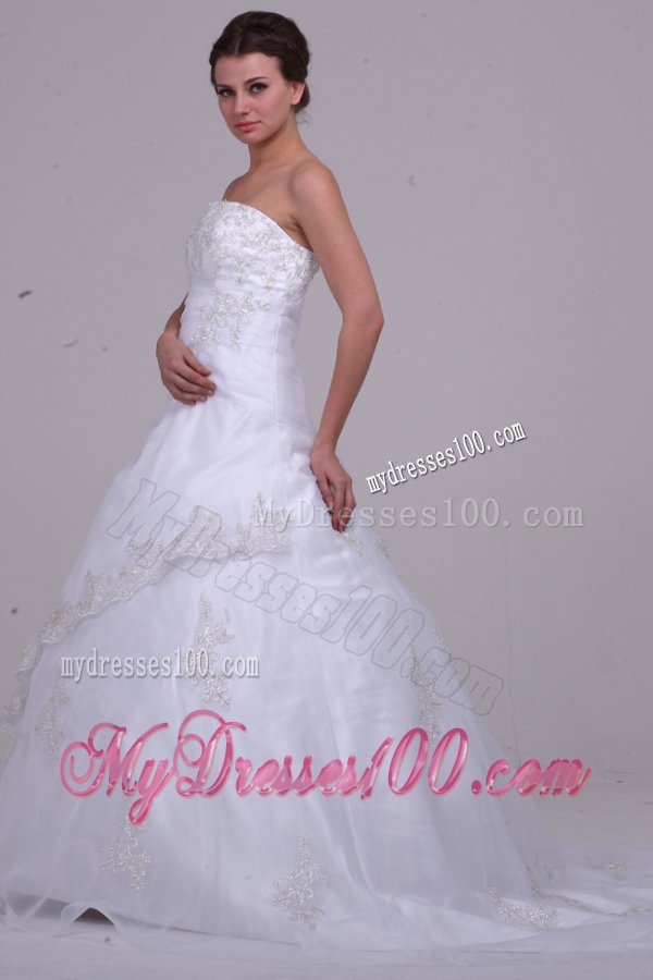 Strapless Court Train Organza Appliques Lace Up Wedding Dress