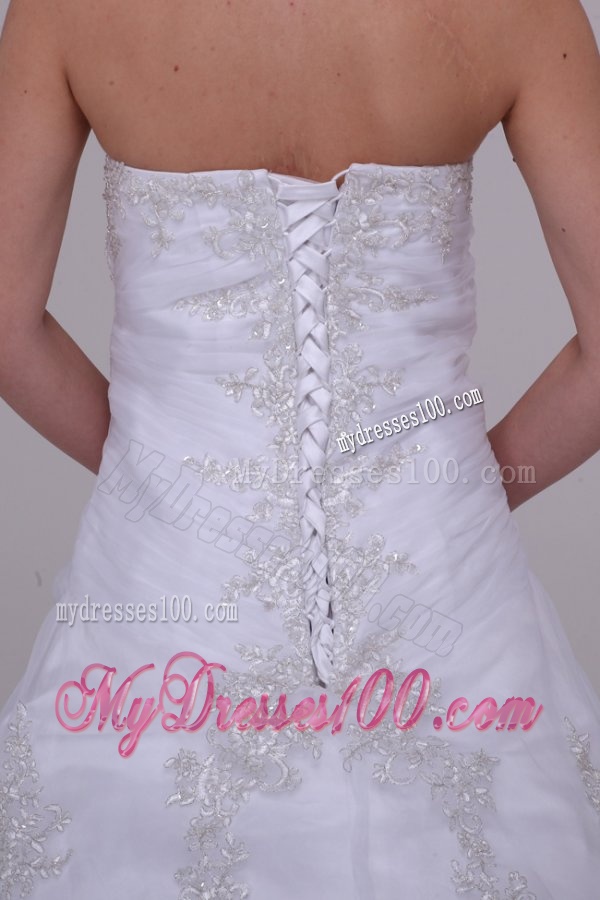Strapless Court Train Organza Appliques Lace Up Wedding Dress