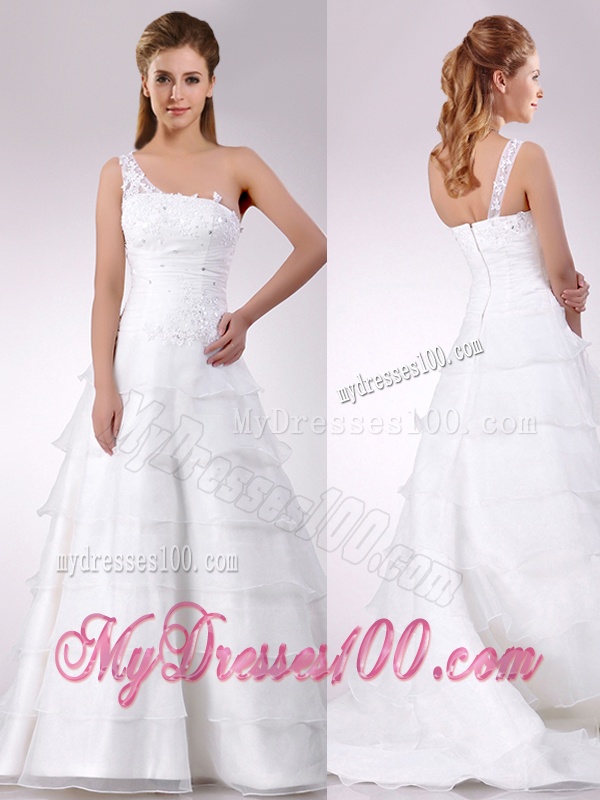 Top Selling One Shoulder Beaded and Ruffled Layered Zipper Up Wedding Dress with Brush Train