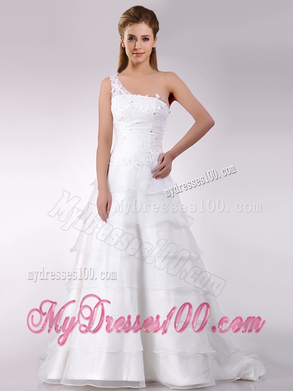 Top Selling One Shoulder Beaded and Ruffled Layered Zipper Up Wedding Dress with Brush Train