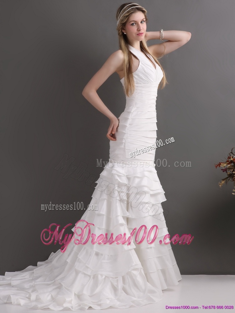 Unique White Halter Top Bridal Gowns with Ruffled Layers and Ruching