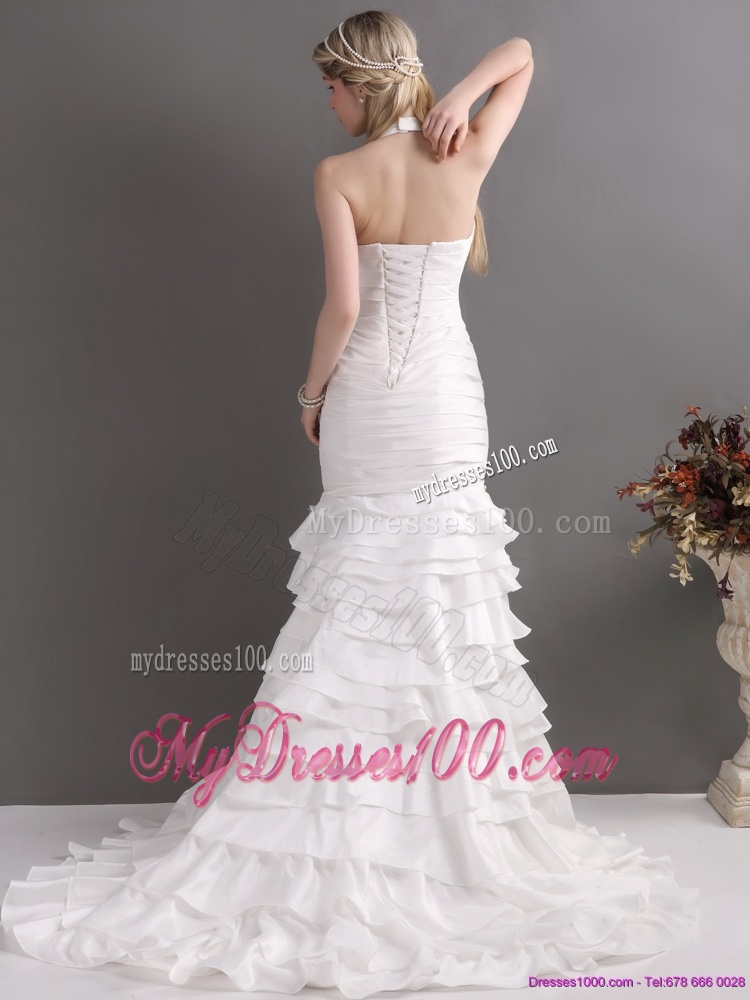Unique White Halter Top Bridal Gowns with Ruffled Layers and Ruching
