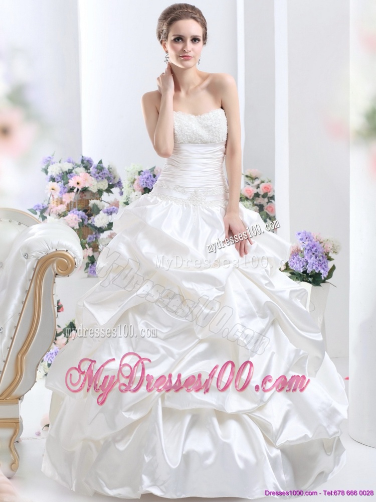 White Brush Train Bridal Dresses with Pick Ups and Sequins