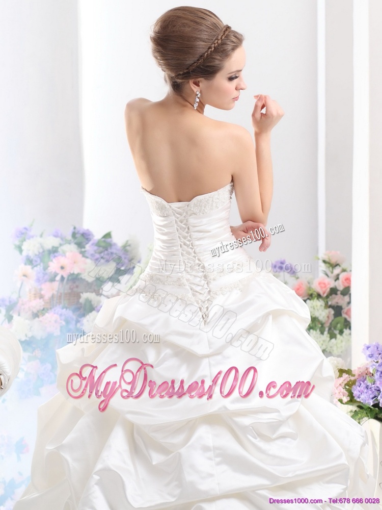 White Brush Train Bridal Dresses with Pick Ups and Sequins