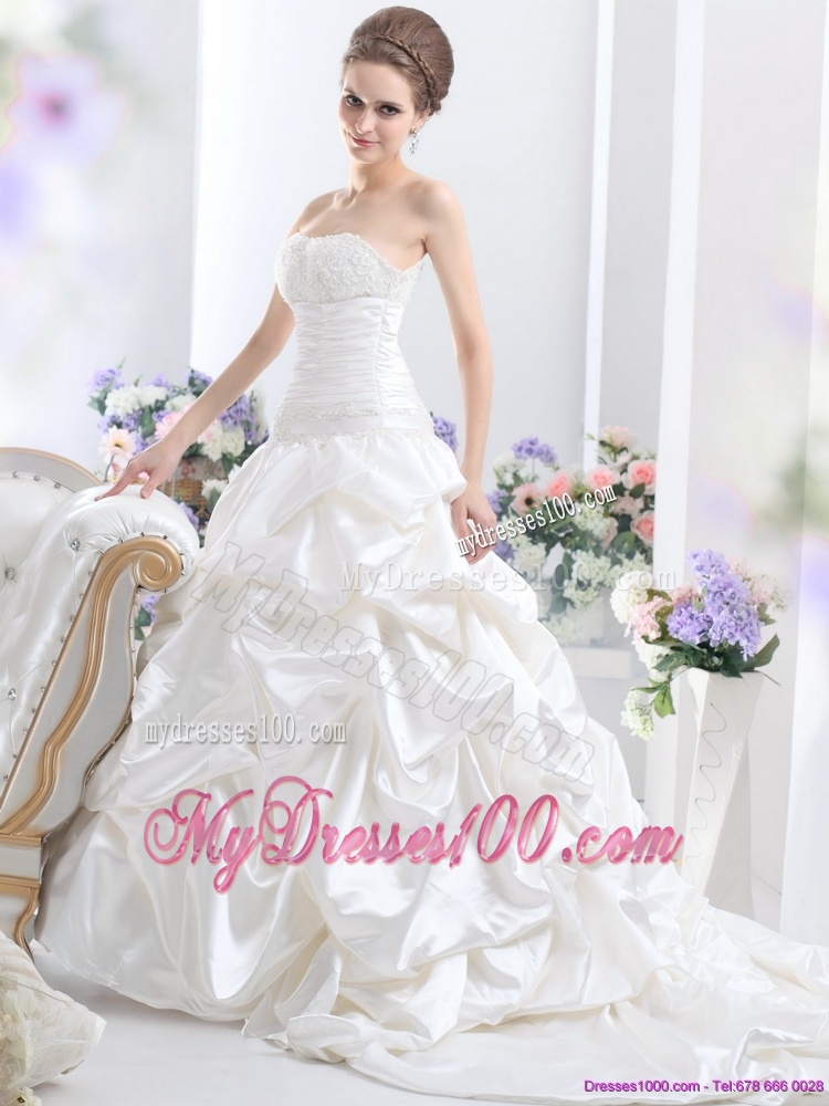 White Brush Train Bridal Dresses with Pick Ups and Sequins