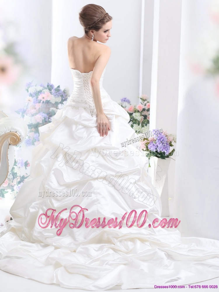White Brush Train Bridal Dresses with Pick Ups and Sequins