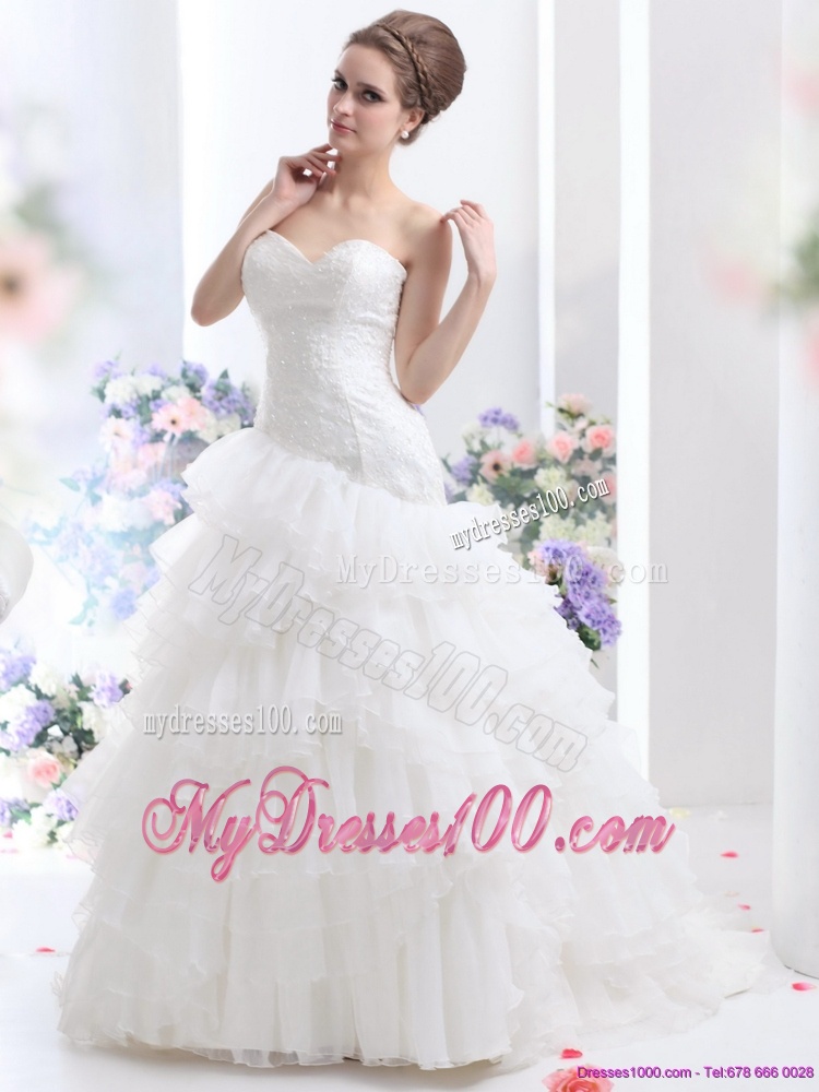 White Brush Train Wedding Dresses with Ruffled Layers and Sequins