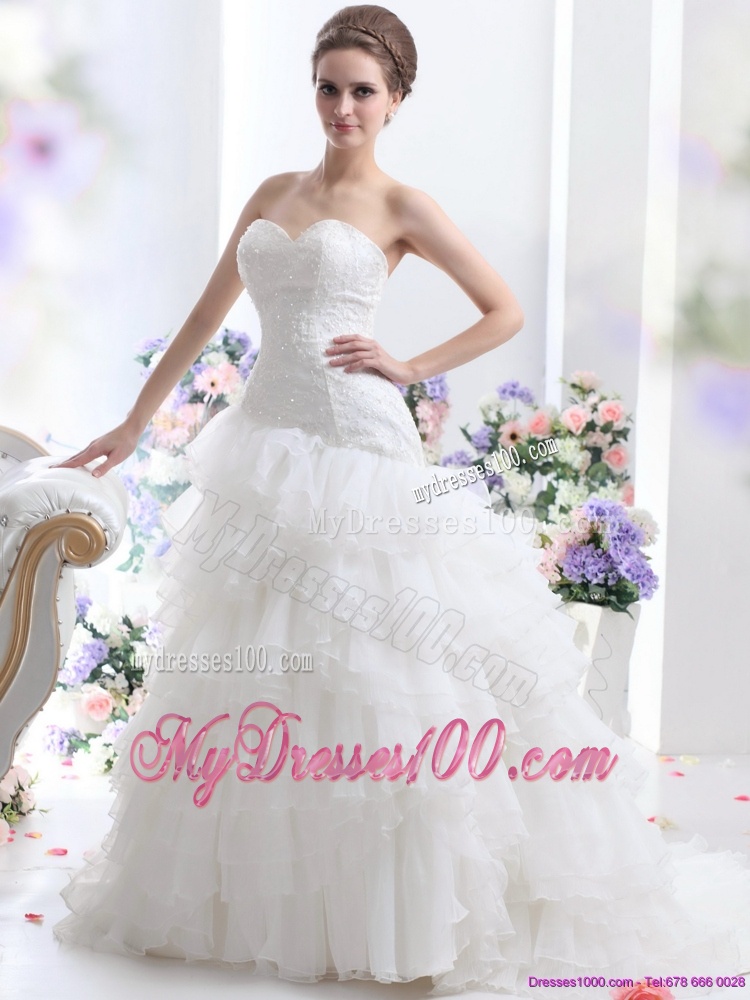 White Brush Train Wedding Dresses with Ruffled Layers and Sequins