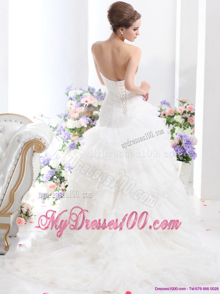 White Brush Train Wedding Dresses with Ruffled Layers and Sequins