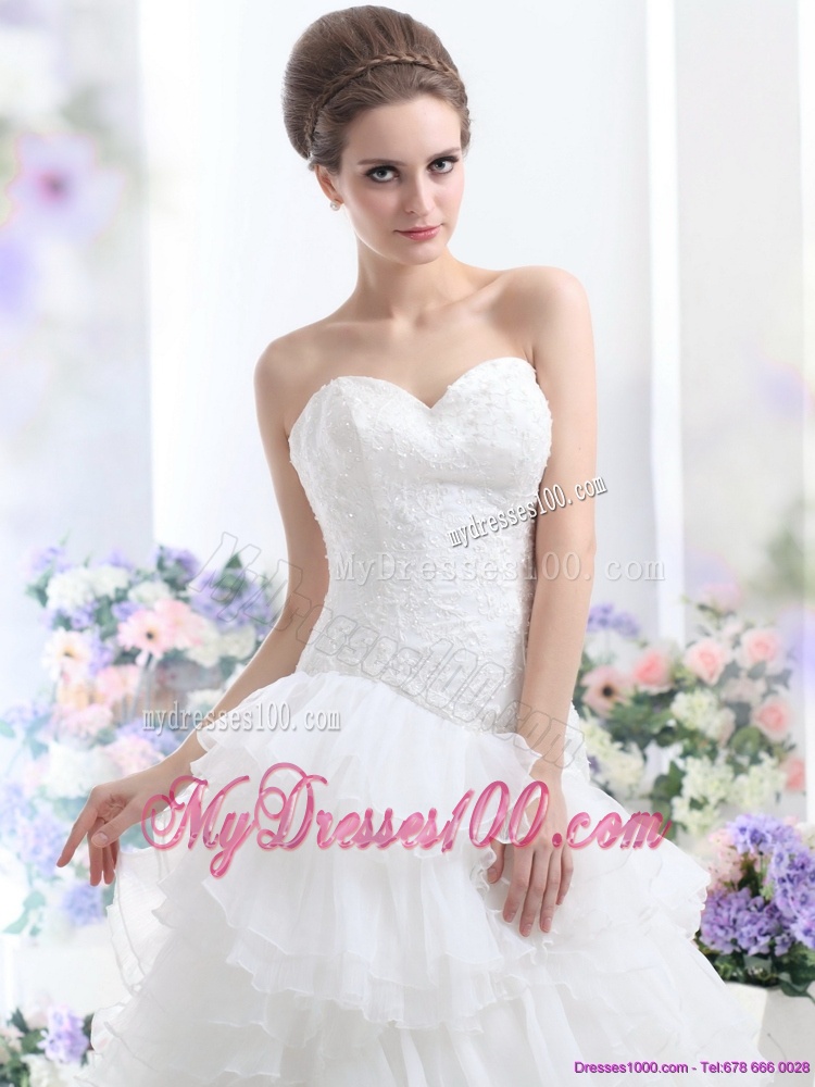 White Brush Train Wedding Dresses with Ruffled Layers and Sequins