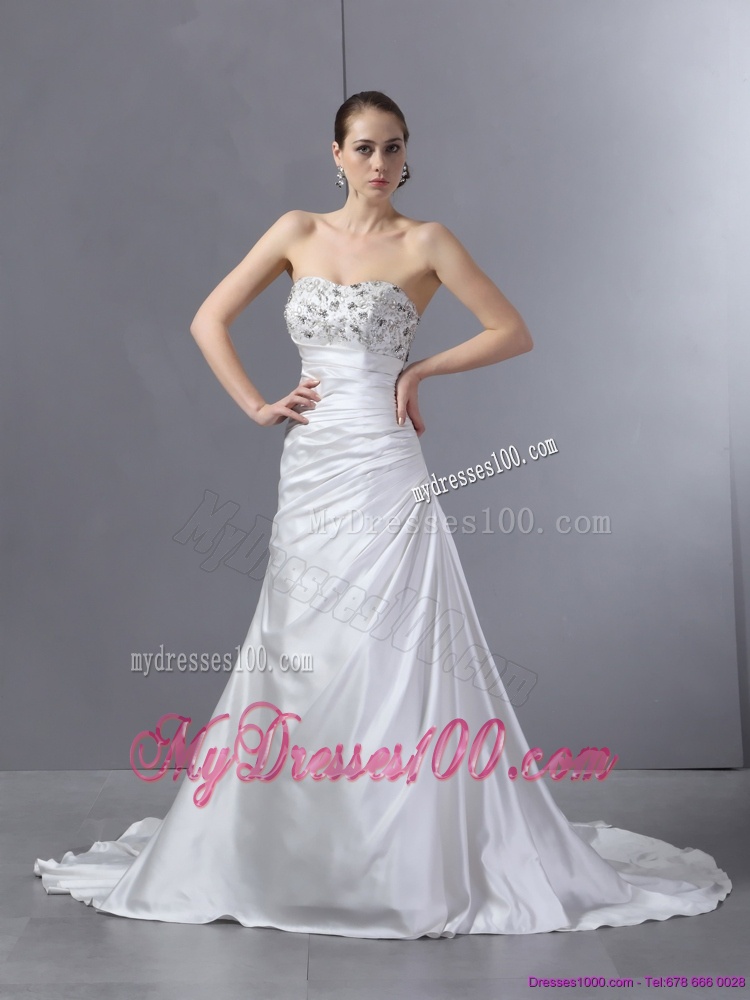 White Pleated Sequined Wedding Dresses with Court Train