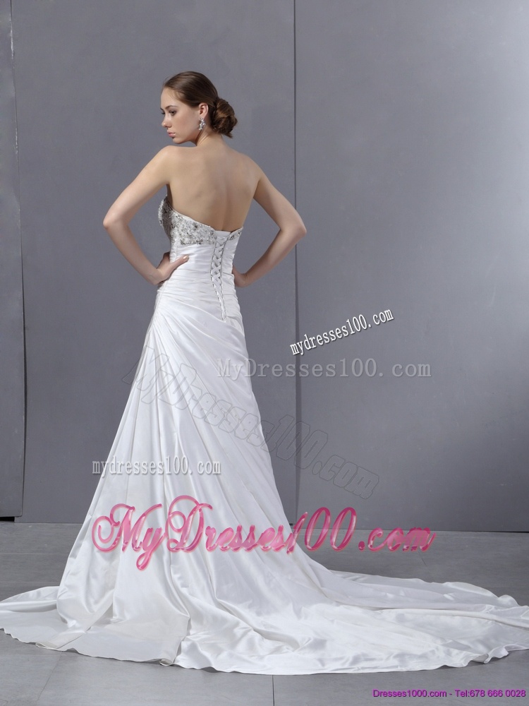 White Pleated Sequined Wedding Dresses with Court Train